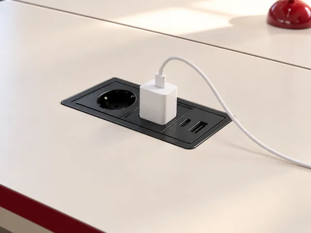 책상에 매립된 콘센트와 USB 충전 포트